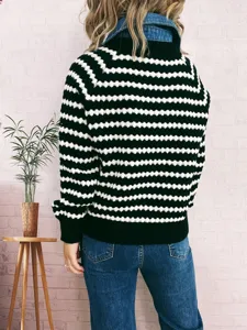 Striped fake two-piece sweater with denim lapel for women autumn winter fashion knitwear.