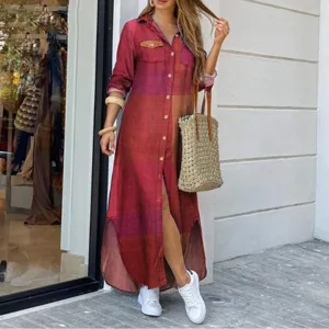 Damen Langarm Knopfleiste Maxikleid Hemdbluse lässige Herbst Streetwear Mode Outfit.