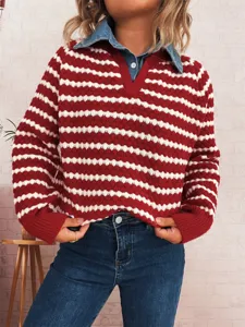 Women's striped fake two-piece sweater autumn winter denim lapel knitted pullover top