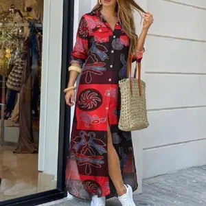 Langarm Hemdblende Maxikleid mit Ethno Print Damen Herbst Mode Freizeitkleidung