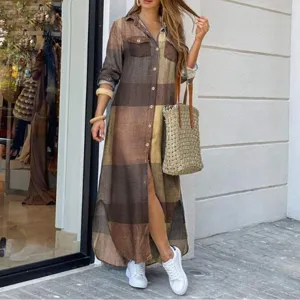 Herbst langarm Karo Hemdbluse lässig Maxi Knöpfe Damen Kleid Streetwear Mode neu