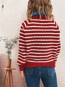 Close up details of the stylish striped fake two-piece knit sweater with denim collar.