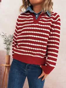 Women red white striped sweater denim collar mock two piece casual knitwear tops