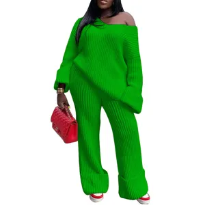 Women casual solid color V-neck loose knit two-piece set comfortable long sleeve sweater
