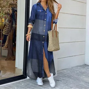 Damen Langarm Knopfleiste Denim Maxi Hemdkleid lässige Farbverlauf lange Kleider Outfits
