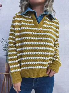 Close-up detail of the mustard yellow and white striped knit sweater featuring a stylish denim collar.