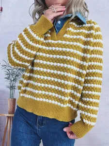 Women striped knit sweater denim lapel fake two piece pullover winter fashion knitwear detail
