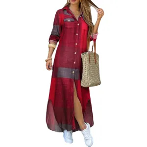 Damen Langarm Kariertes Hemd Kleid Lässig Maxikleid Knopfleiste mit hohem Schlitz Herbst Mode