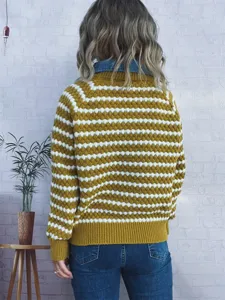 Women fashion autumn winter striped fake two piece sweater denim lapel knitwear top