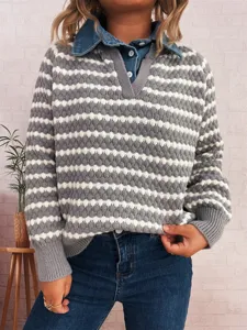 Detailed shot of womens striped fake two-piece sweater with denim lapel, stylish knitwear.