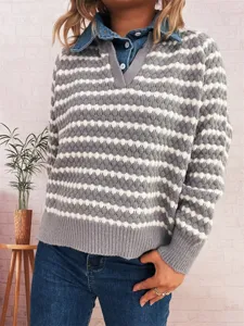 Women striped fake two-piece sweater denim lapel knitwear casual autumn winter top detail
