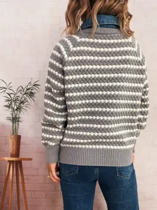Women striped fake two-piece knit sweater autumn winter casual denim lapel long sleeve top