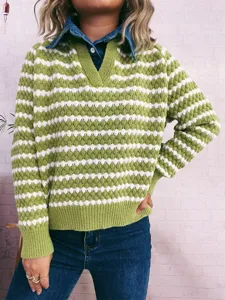 Detailed shot of the green and white striped fake two-piece sweater with denim lapel collar.
