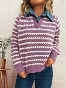 Women autumn winter striped fake two piece sweater denim lapel knitwear casual top