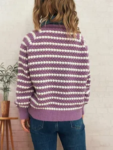 Back view of women autumn winter striped fake two piece sweater with denim lapel collar.