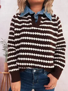 Detail view of brown white striped knit sweater with denim lapel collar for women.