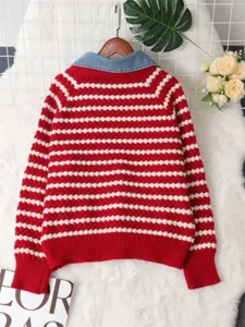 Women's autumn winter red white striped fake two piece sweater with denim lapel and long sleeves.