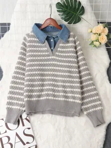 Women autumn winter striped fake two piece sweater denim lapel V neck knitted pullover top