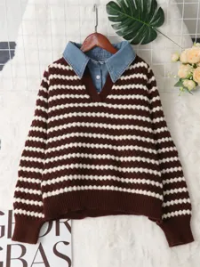Women striped fake two-piece sweater with denim lapel V-neck long sleeve knitwear detail view.