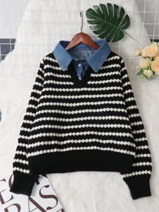 Chic black and white striped false two-piece knit sweater with denim lapel collar for women.