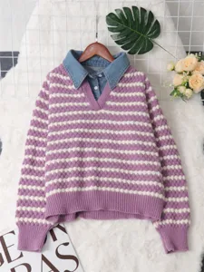 Women fall winter purple striped knit sweater with denim collar faux two-piece top