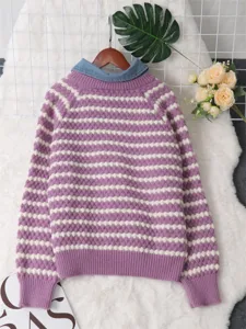 Detail view of women's striped sweater with denim fake two-piece collar for autumn winter.