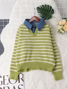 Detailed view of green white striped knit sweater with denim lapel, fake two-piece style.