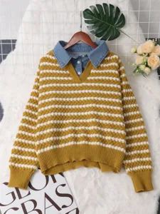 Women autumn winter striped fake two piece sweater denim lapel, stylish knit top.