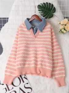 Women's autumn winter striped fake two piece sweater with denim lapel knitted pullover.