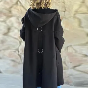 Black hooded woolen coat back detail with metal ring strap decoration for women autumn winter