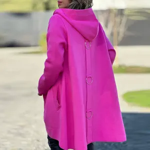 Women's bright pink hooded woolen coat with stylish back ring straps and pockets.