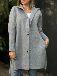 Detail view of the stylish grey hooded long sleeve woolen coat showing buttons and pocket design.