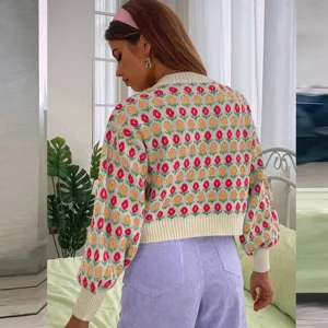 Dames bloemen gebreid vest cardigan, lange mouw vintage casual trui bovenkleding voor dames.