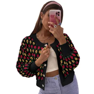 Dames bloemen gebreide cardigan trui, lange mouw knoopsluiting casual bovenkleding herfst.