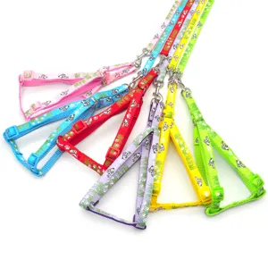 Colorful 1.0cm cartoon puppy harness and leash set, adjustable pet walking straps for small dogs and cats.