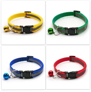 Reflective pet collar with bell, adjustable nylon strap for cats and dogs, safety buckle design.