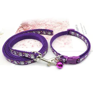 Purple pet collar and leash set with bell, cute puppy pattern for small dogs cats.