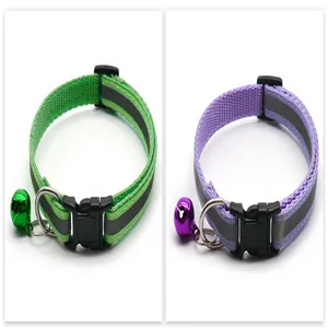 Reflective pet collar 1cm adjustable nylon cat dog neck strap with bell green purple