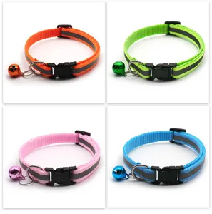 Reflective pet collar with bell 1cm nylon dog cat adjustable safety buckle colorful options