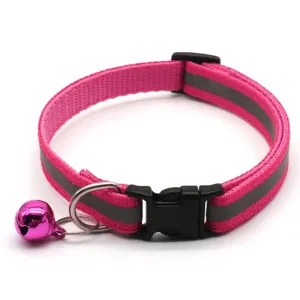 Pink reflective pet cat dog collar with bell and safety buckle adjustable detail view