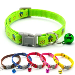 Pet nylon collar with cute bee crown print and metal bell for cats and dogs, adjustable size.