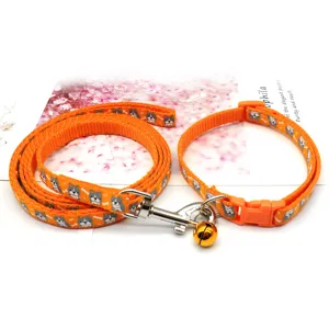 Orange pet dog and cat collar and traction rope set with bell decoration, 1cm width