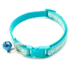 Adjustable 1.0cm pet cat dog collar with cute paw print pattern and bells blue item