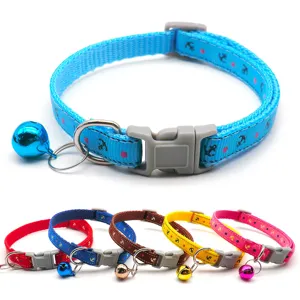 Adjustable anchor print pet collar with bell, cute cat and dog neck strap, multi-color.