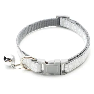 Gray cat collar with cute paw prints, adjustable strap, plastic buckle and a sweet ringing bell.