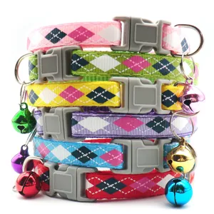 Colorful argyle pet collar with bell, quick release buckle for dog cat safety use
