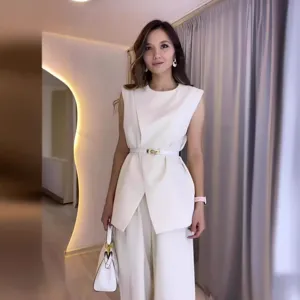 Sleeveless top and wide leg pants set, solid color two piece outfit for women detail view