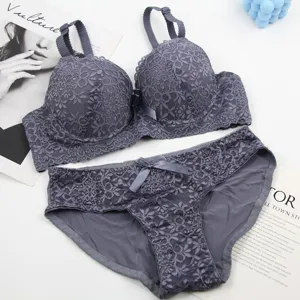Graues sexy Spitzen BH und Slip Set fuer Damen luxus franzoesischer Stil Damenwaesche