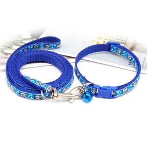 Blue cartoon cat dog leash and collar set with bell for pet outdoor walking detail