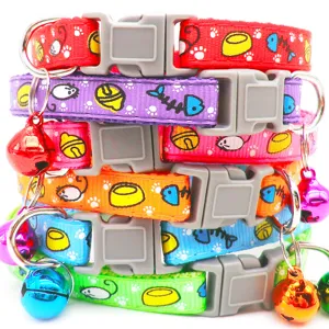 Colorful cat collar with cartoon mouse and fish print, safety buckle and bell for cute pets.